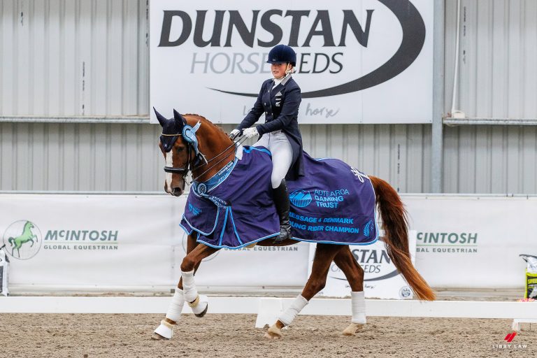 NZL-Meg Johnston rides BL About Time. Final-1st and Champion. Class 911: Aotearoa Gaming Trust FEI Young Rider Individual Test 2022 CDIY. 2022 Dunstan Horsefeeds Dressage for Denmark. Friday 25 March. Copyright Photo: Libby Law Photography